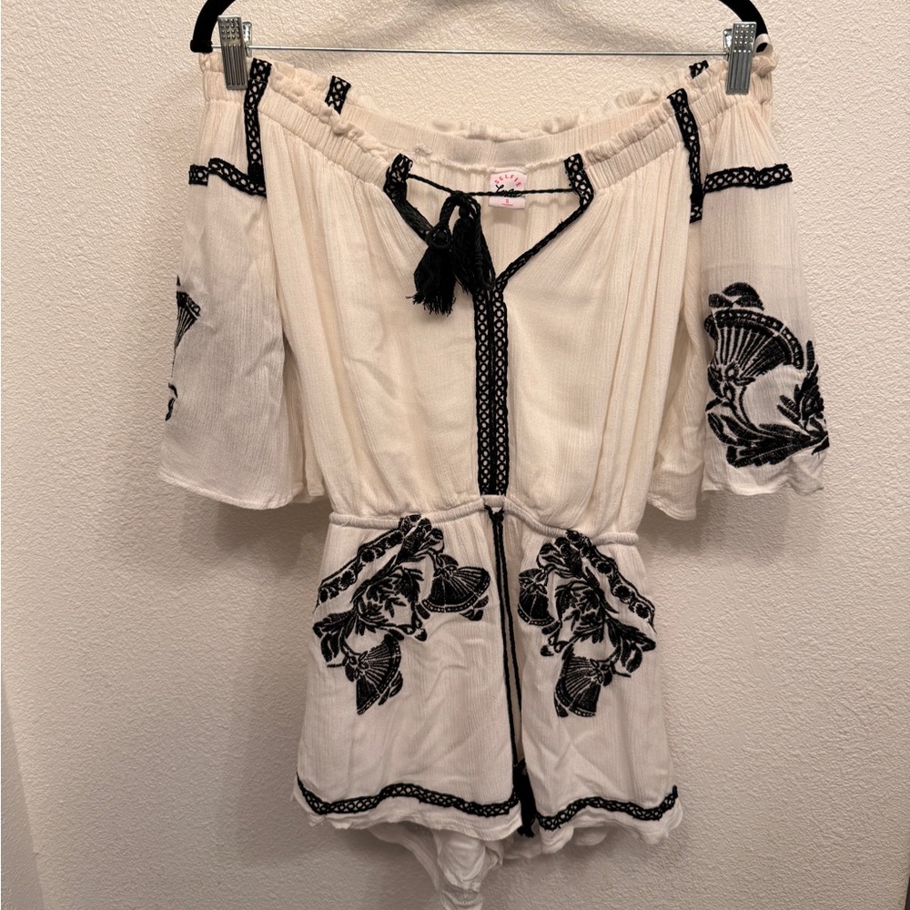 White and Black OTS embroidered tassel detail romper